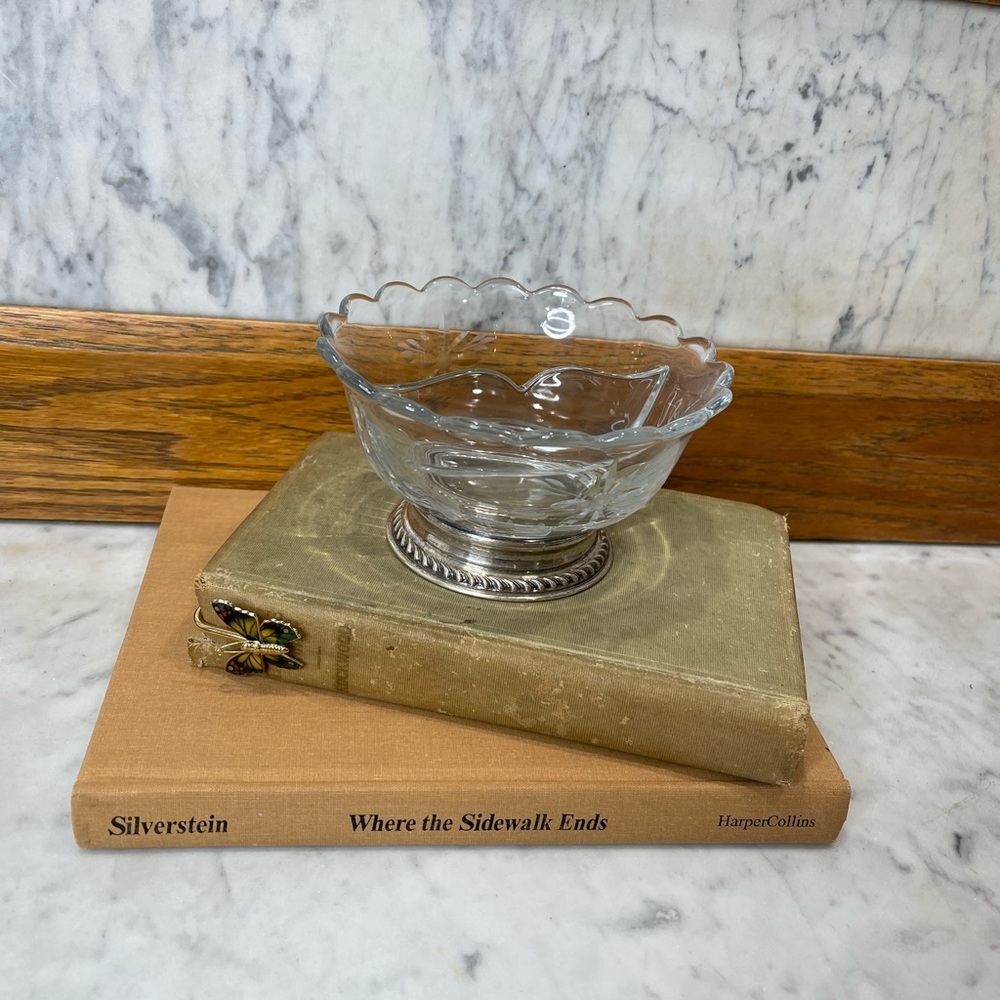 Sterling Silver Base Condiment Divided Glass Bowl Dish